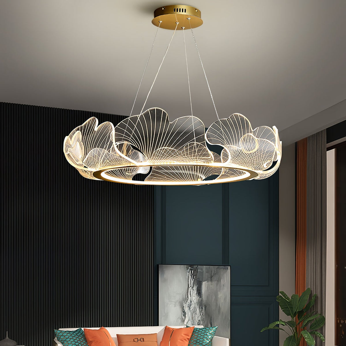 Pendellampa LED Rund i Akryl | Guld eller Silver med Klar Akryl | Varmvit eller Dimbar | Ø 68–108 cm