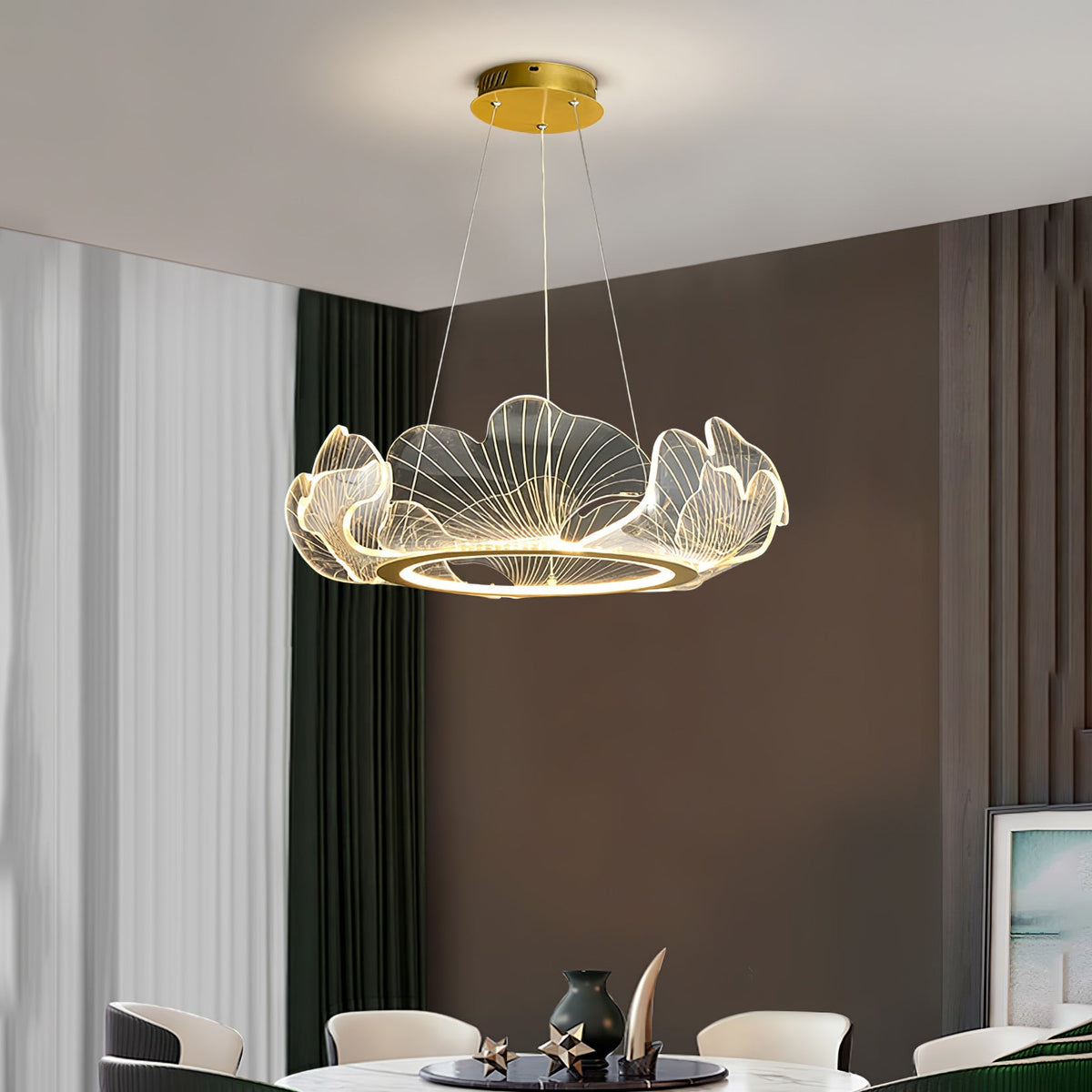 Pendellampa LED Rund i Akryl | Guld eller Silver med Klar Akryl | Varmvit eller Dimbar | Ø 68–108 cm