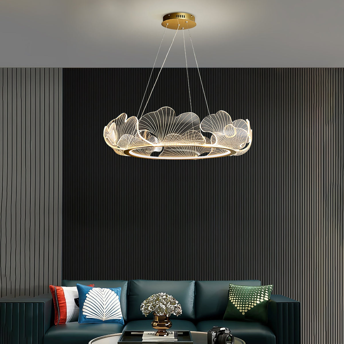 Pendellampa LED Rund i Akryl | Guld eller Silver med Klar Akryl | Varmvit eller Dimbar | Ø 68–108 cm