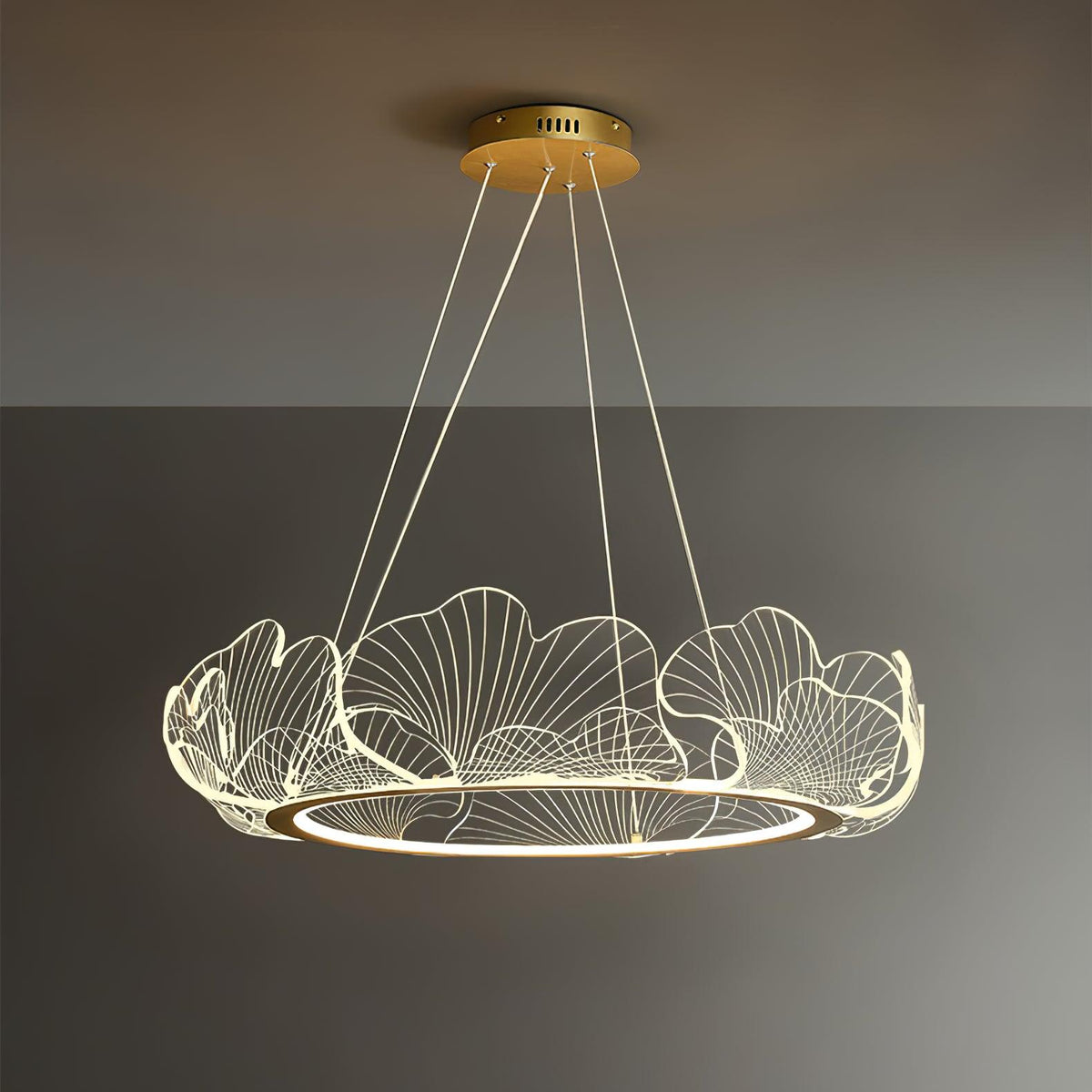 Pendellampa LED Rund i Akryl | Guld eller Silver med Klar Akryl | Varmvit eller Dimbar | Ø 68–108 cm