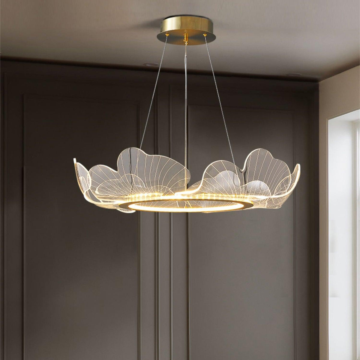 Pendellampa LED Rund i Akryl | Guld eller Silver med Klar Akryl | Varmvit eller Dimbar | Ø 68–108 cm