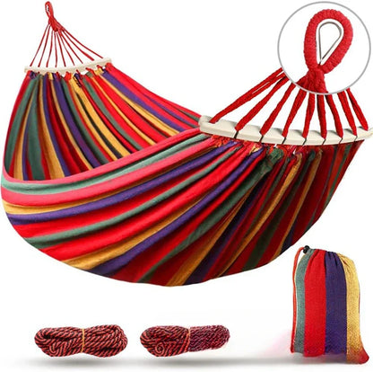 Hängmatta Dubbel med Spridarträ | Anti-roll Hängsäng Bomull | Camping & Trädgård 220×150 cm