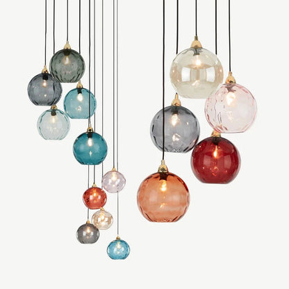 Pendellampa i Glas med Vågmönster | 3 Glasskärmar i Rosa, Grön, Grå eller Röd | Rund eller Avlång Modell | Vardagsrum och Sovrum