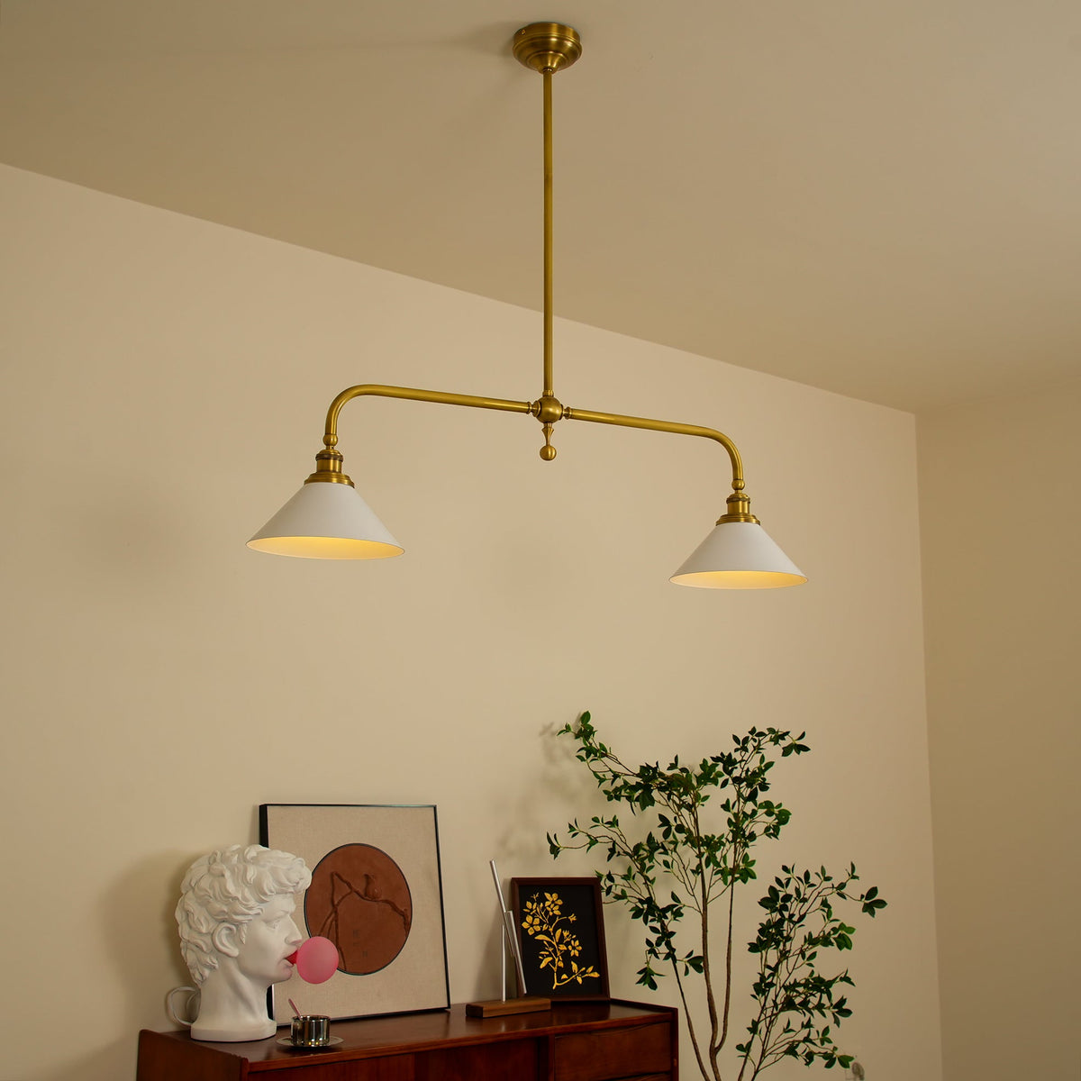 Pendellampa i Retrostil med 2 Skärmar | Aluminium eller Keramik | L 102 cm | För Köksö och Matbord