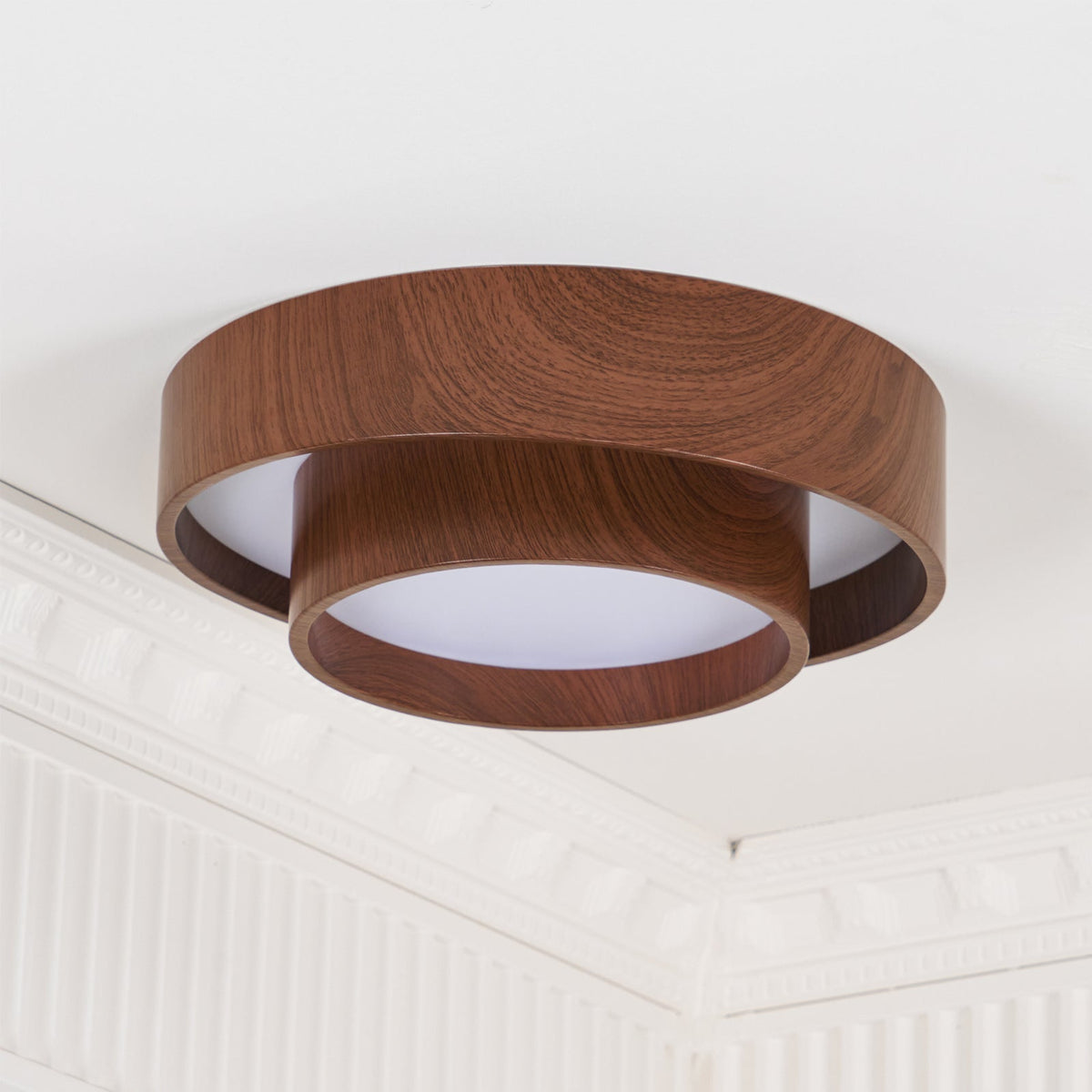 Taklampa Dubbel Ring LED | Valnötsfärg i Metall och Akryl | Varmvit eller Dimbar | Ø 40–50 cm