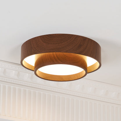 Taklampa Dubbel Ring LED | Valnötsfärg i Metall och Akryl | Varmvit eller Dimbar | Ø 40–50 cm