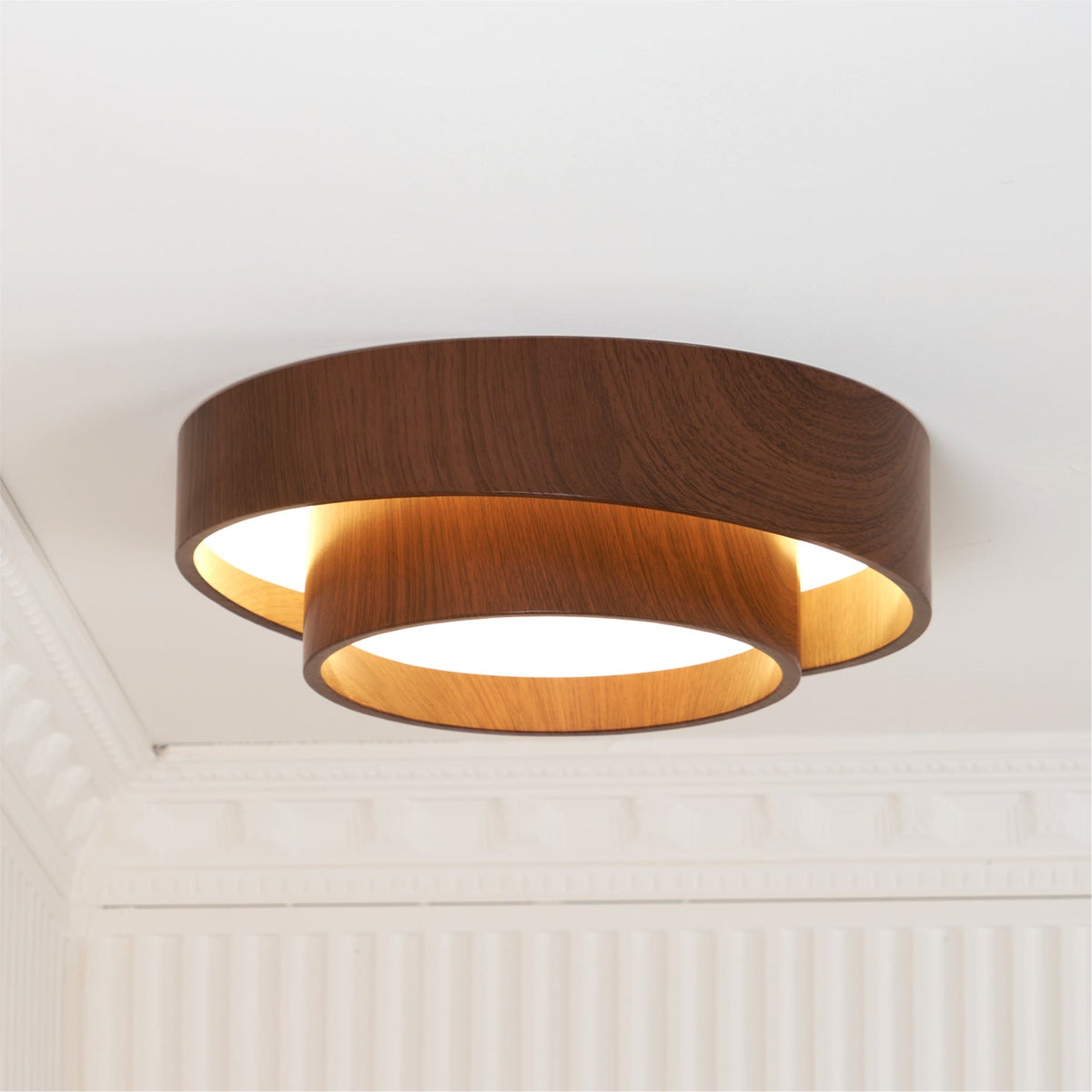 Taklampa Dubbel Ring LED | Valnötsfärg i Metall och Akryl | Varmvit eller Dimbar | Ø 40–50 cm