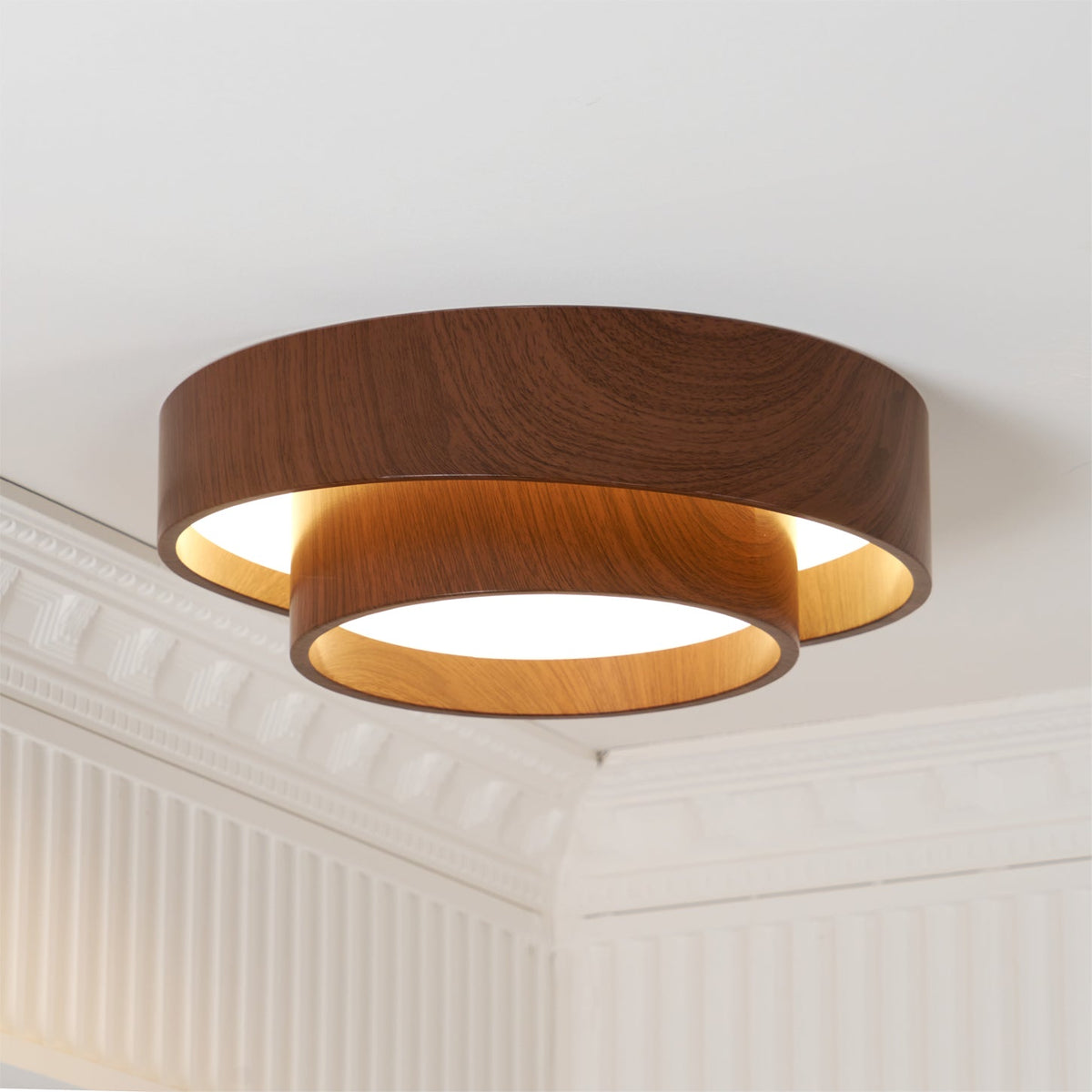 Taklampa Dubbel Ring LED | Valnötsfärg i Metall och Akryl | Varmvit eller Dimbar | Ø 40–50 cm