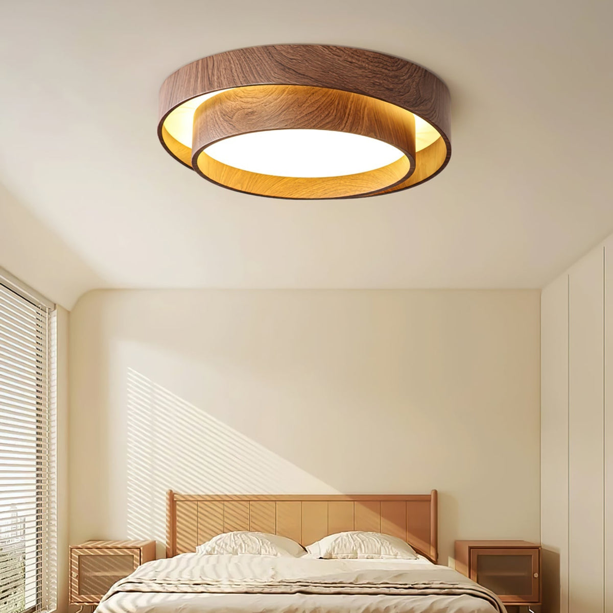 Taklampa Dubbel Ring LED | Valnötsfärg i Metall och Akryl | Varmvit eller Dimbar | Ø 40–50 cm