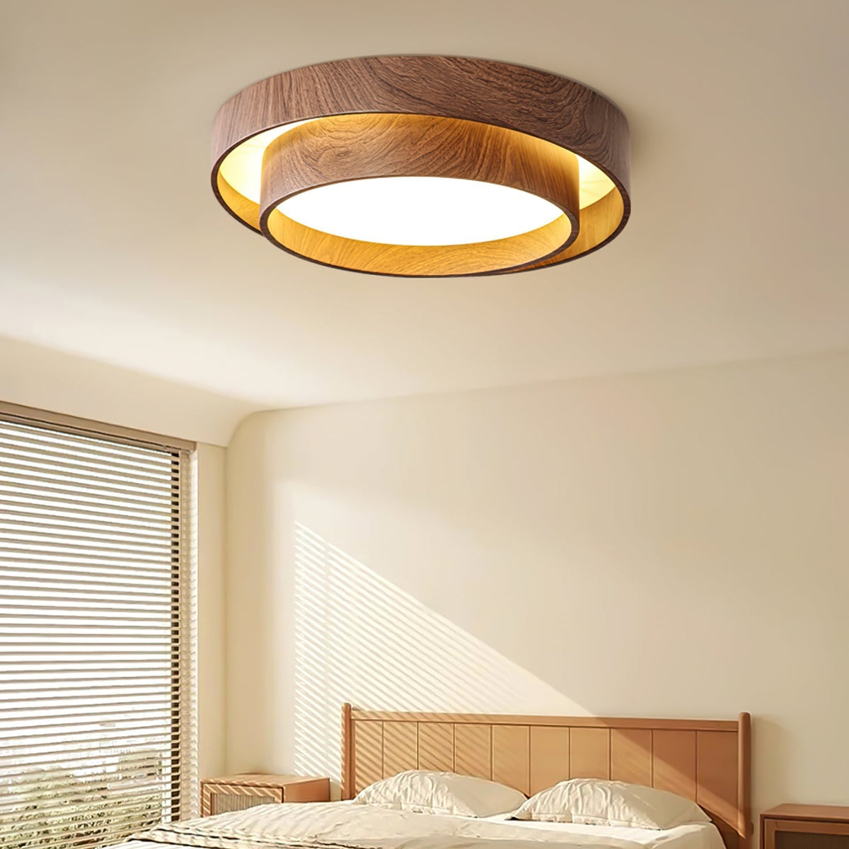 Taklampa Dubbel Ring LED | Valnötsfärg i Metall och Akryl | Varmvit eller Dimbar | Ø 40–50 cm