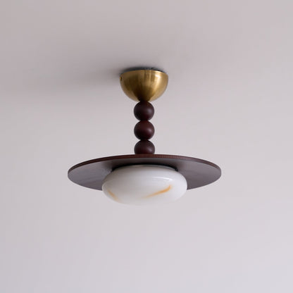 Deckenleuchte aus Walnussfarbenem Holz | Alabaster-Imitat und Messing | Warmweiß oder Dimmbare LED | Ø 36 cm