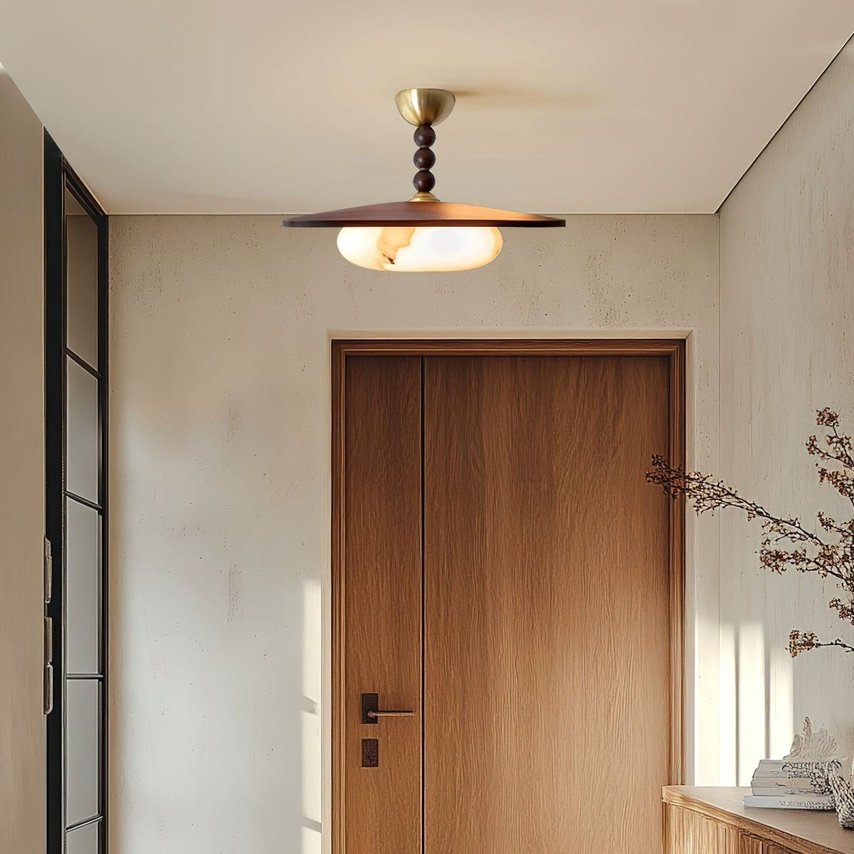 Deckenleuchte aus Walnussfarbenem Holz | Alabaster-Imitat und Messing | Warmweiß oder Dimmbare LED | Ø 36 cm