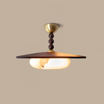 Deckenleuchte aus Walnussfarbenem Holz | Alabaster-Imitat und Messing | Warmweiß oder Dimmbare LED | Ø 36 cm