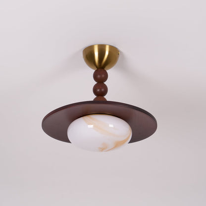 Deckenleuchte aus Walnussfarbenem Holz | Alabaster-Imitat und Messing | Warmweiß oder Dimmbare LED | Ø 36 cm