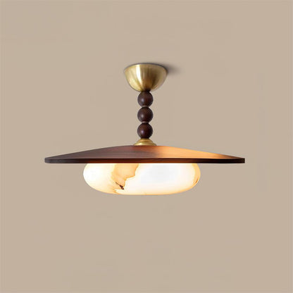 Deckenleuchte aus Walnussfarbenem Holz | Alabaster-Imitat und Messing | Warmweiß oder Dimmbare LED | Ø 36 cm