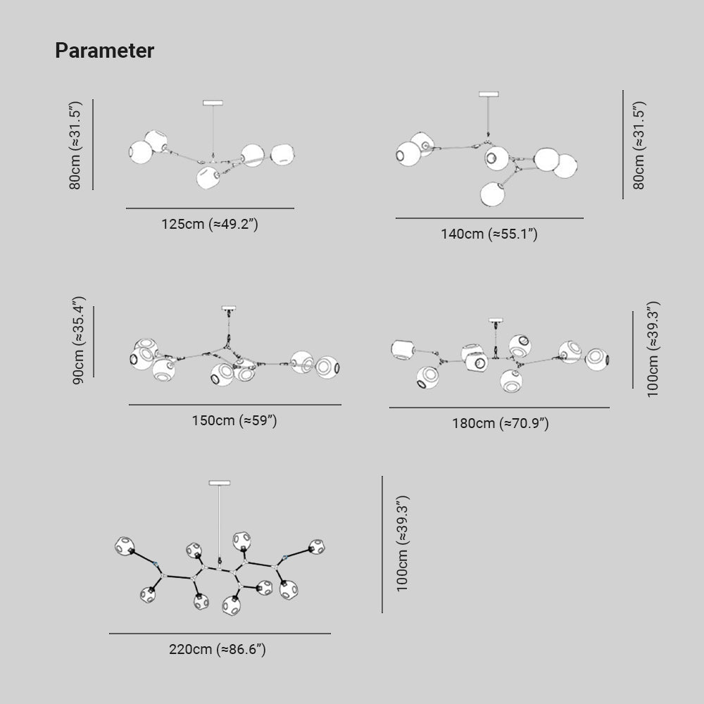 Pendelleuchte mit Glaskugeln | Schwarzes oder Goldenes Gestell | 5–9 Lichter | Klares, Rauch- oder Farbiges Glas