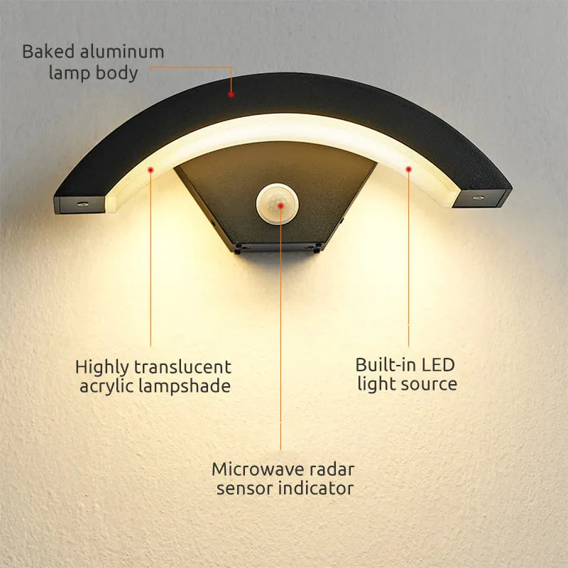 Utomhusvägglampa LED | Bågform i Svart Metall och Akryl | IP65 | Med eller Utan Rörelsesensor