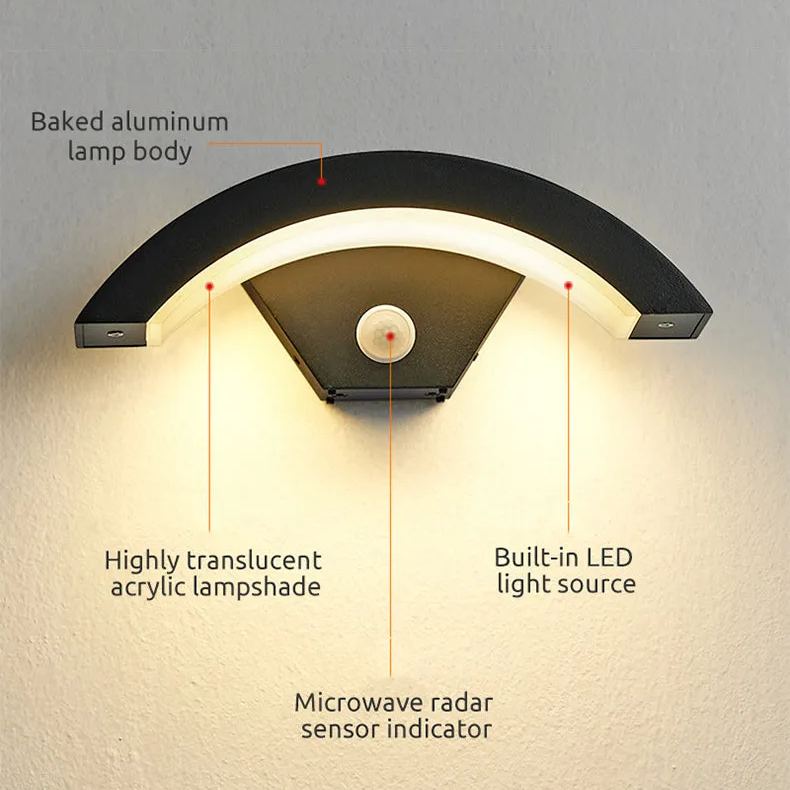 Utomhusvägglampa LED | Bågform i Svart Metall och Akryl | IP65 | Med eller Utan Rörelsesensor