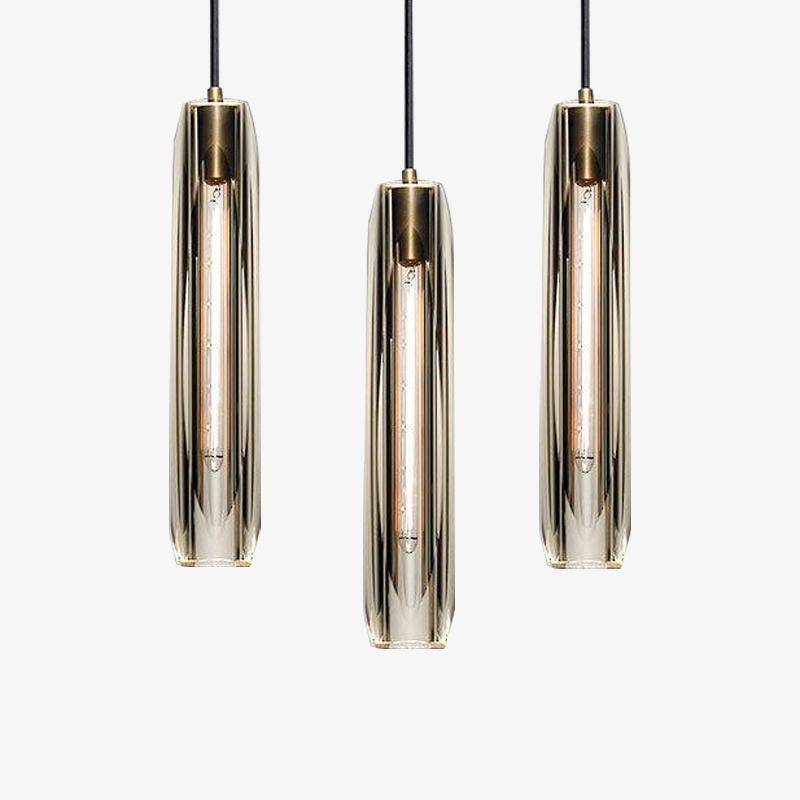 Pendellampa i Glas och Mässing | Smal Vasform | Klar eller Grå Glasskärm | E14 för Matbord och Sovrum