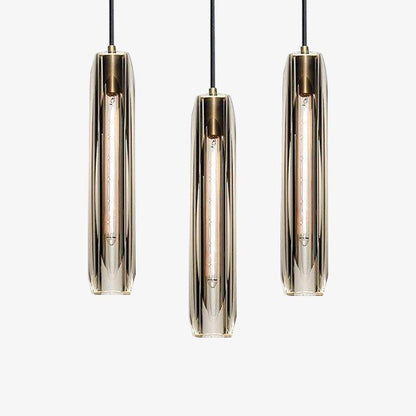 Pendellampa i Glas och Mässing | Smal Vasform | Klar eller Grå Glasskärm | E14 för Matbord och Sovrum