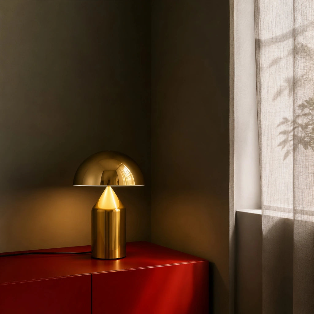Pilz-Tischlampe aus Metall & Glas | Dimmbar mit E14 & G9 | Gold, Grün & Opalglas | Schlafzimmer & Wohnzimmer