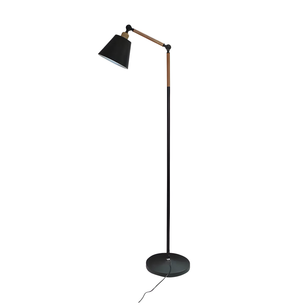 Justerbar golvlampa i svart järn och trä med nordisk minimalistisk design
