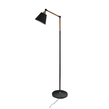 Justerbar golvlampa i svart järn och trä med nordisk minimalistisk design