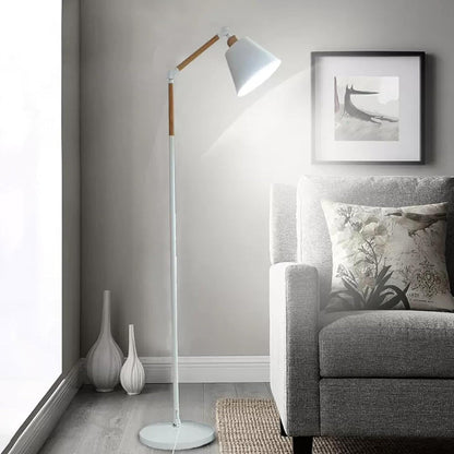 Vit minimalistisk golvlampa i järn och trä för sovrummet