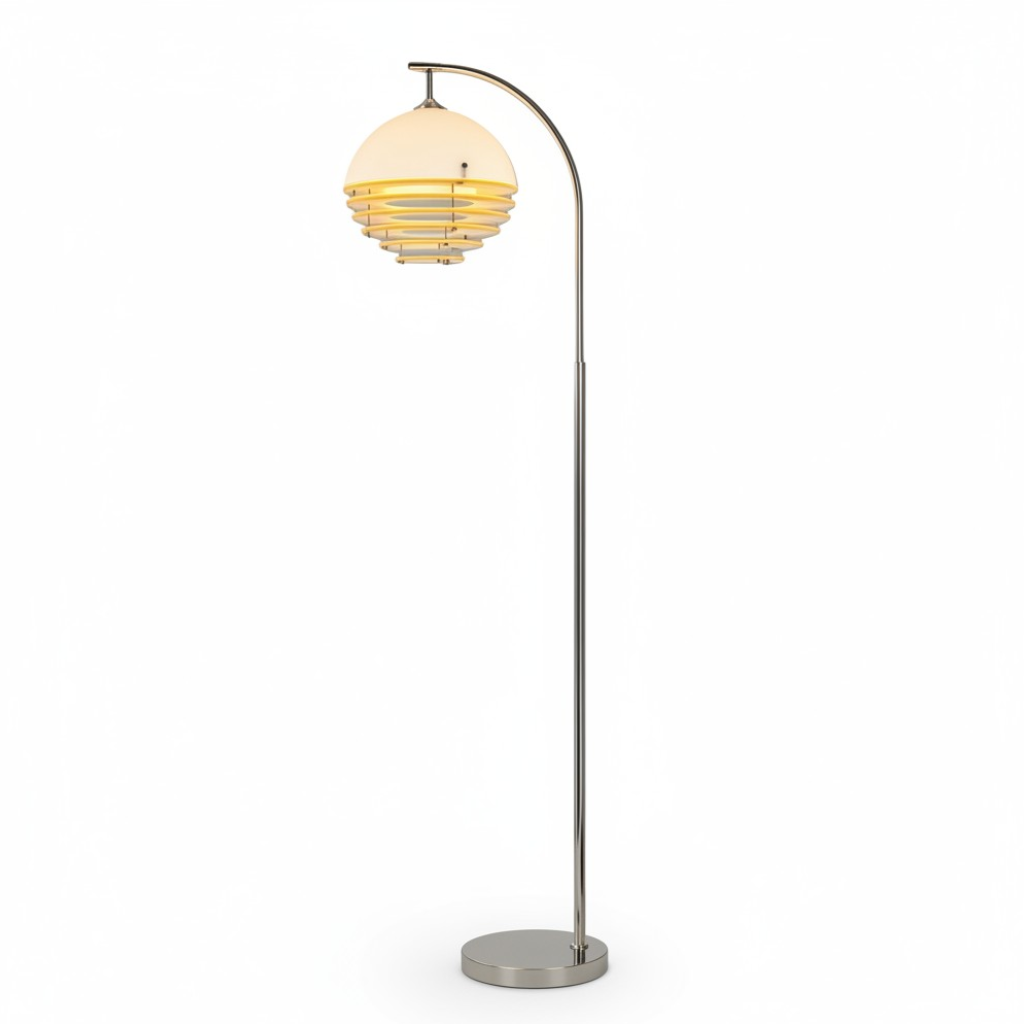 Golvlampa i akryl och glas mot mörk bakgrund