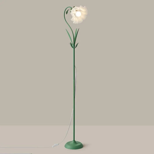 Golvlampa med grön tulpanformad skärm i akryl och stativ i järn