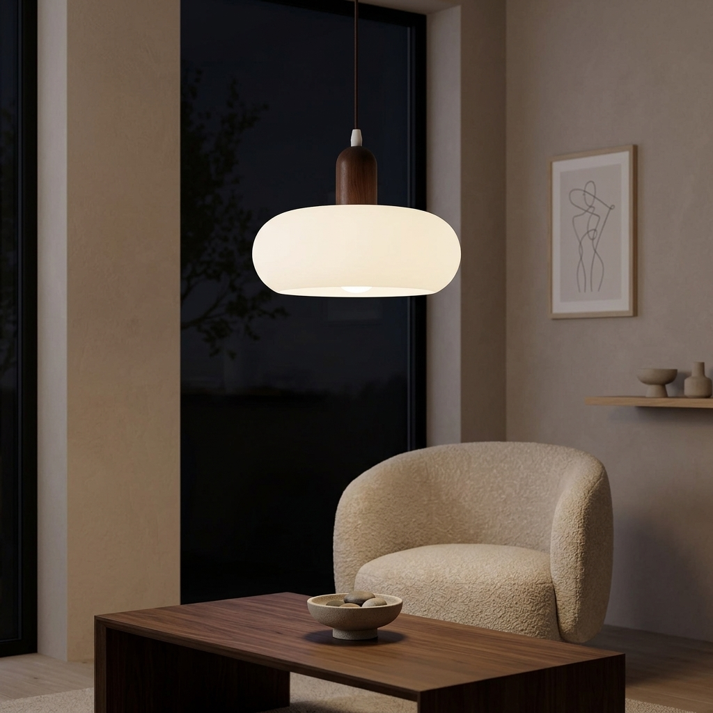 Pendellampa i Trä och Glas | Varm LED-belysning för Matbord | Skandinavisk Design