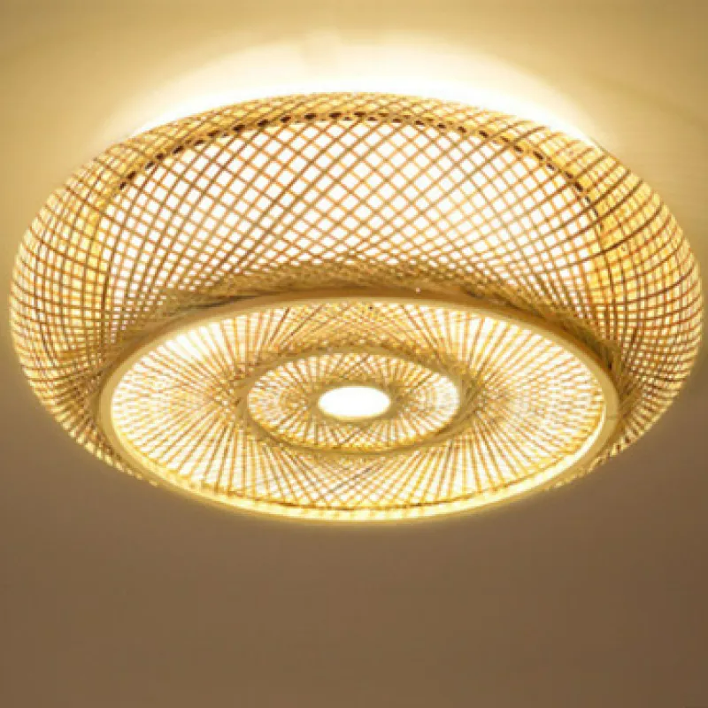 Deckenleuchte aus Rattan | Geflochtene Deckenlampe mit Schirm aus Naturmaterial | Warmweißes Licht | Wohnzimmer und Schlafzimmer