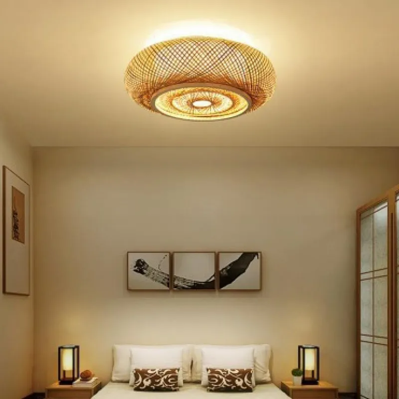 Deckenleuchte aus Rattan | Geflochtene Deckenlampe mit Schirm aus Naturmaterial | Warmweißes Licht | Wohnzimmer und Schlafzimmer