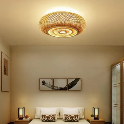 Deckenleuchte aus Rattan | Geflochtene Deckenlampe mit Schirm aus Naturmaterial | Warmweißes Licht | Wohnzimmer und Schlafzimmer