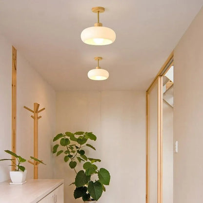 Deckenleuchte aus Holz und Glas | Kuppelförmige Deckenlampe mit weißem oder orangem Glas | Ø 22,9 oder 27,9 cm