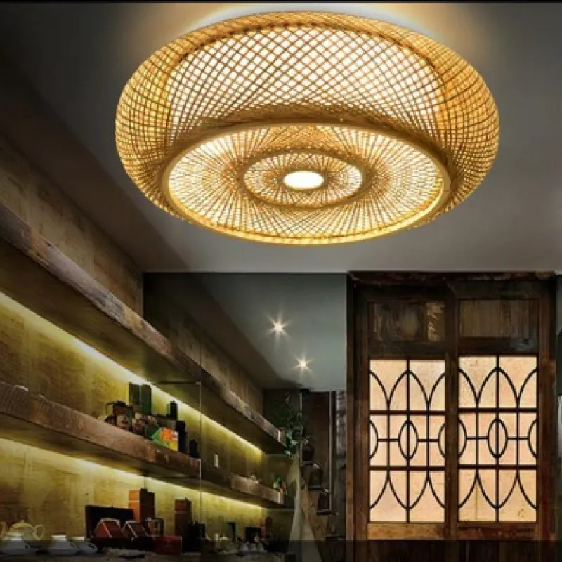 Deckenleuchte aus Rattan | Geflochtene Deckenlampe mit Schirm aus Naturmaterial | Warmweißes Licht | Wohnzimmer und Schlafzimmer