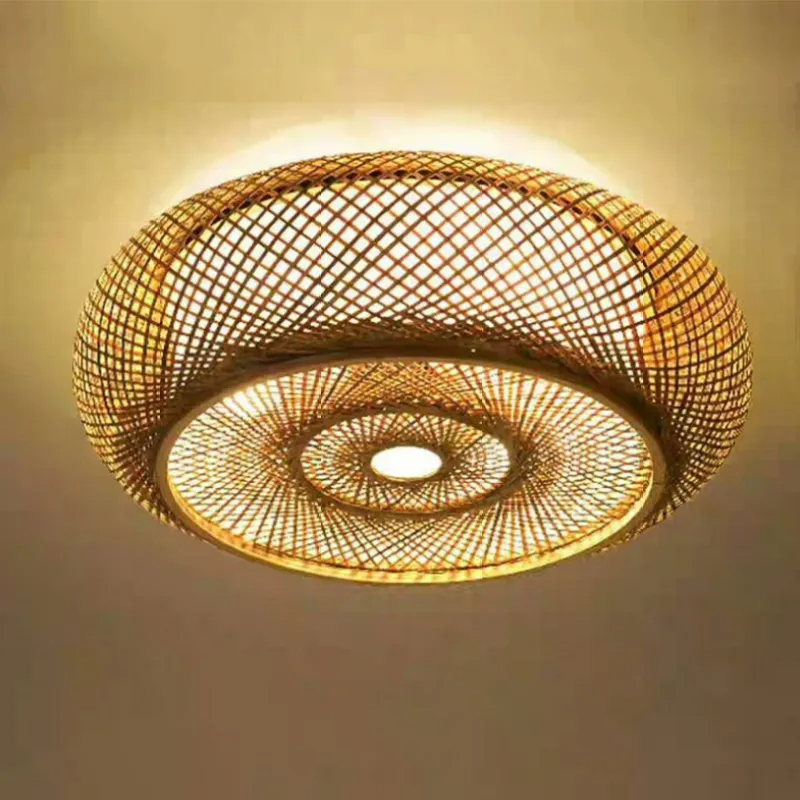 Deckenleuchte aus Rattan | Geflochtene Deckenlampe mit Schirm aus Naturmaterial | Warmweißes Licht | Wohnzimmer und Schlafzimmer