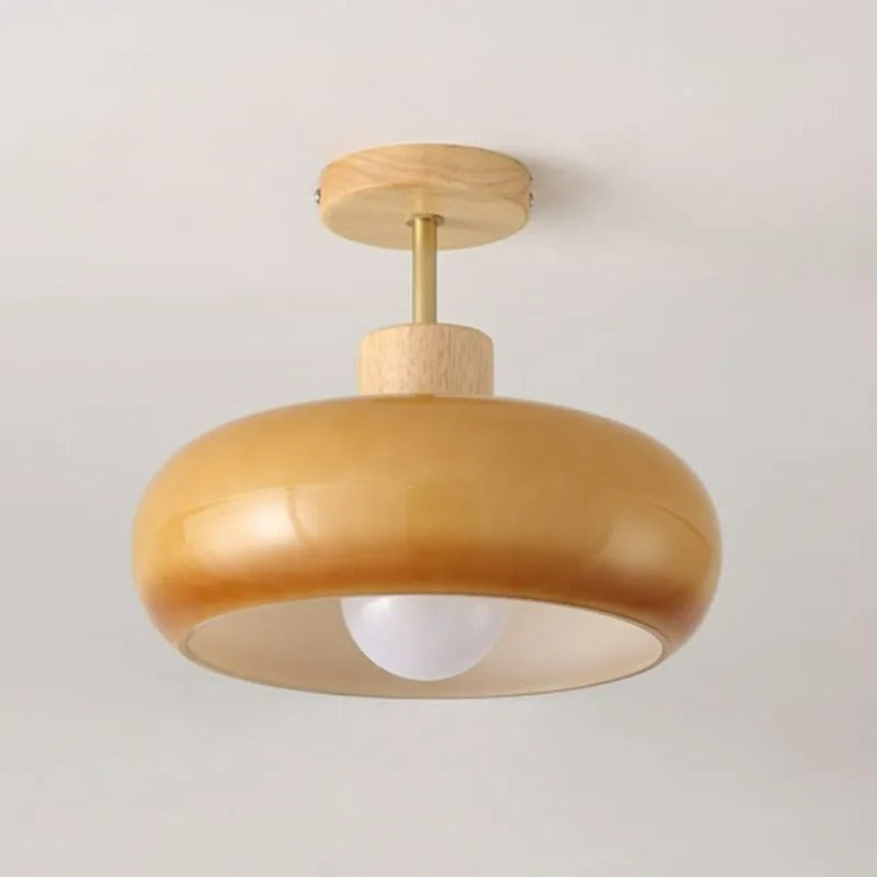 Deckenleuchte aus Holz und Glas | Kuppelförmige Deckenlampe mit weißem oder orangem Glas | Ø 22,9 oder 27,9 cm