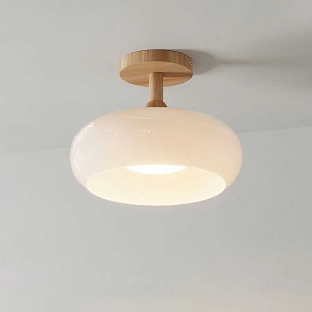 Deckenleuchte aus Holz und Glas | Kuppelförmige Deckenlampe mit weißem oder orangem Glas | Ø 22,9 oder 27,9 cm