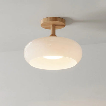 Deckenleuchte aus Holz und Glas | Kuppelförmige Deckenlampe mit weißem oder orangem Glas | Ø 22,9 oder 27,9 cm