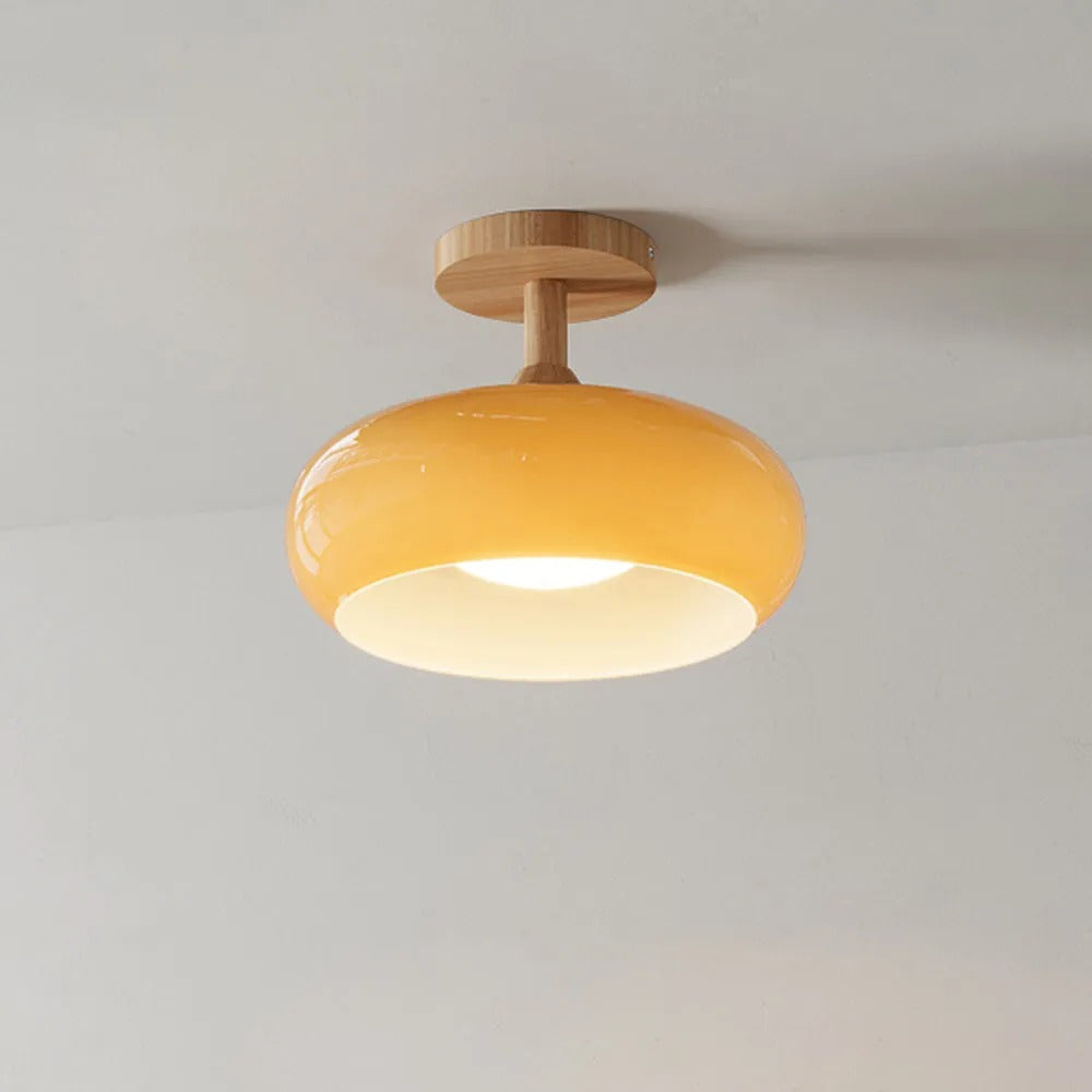 Deckenleuchte aus Holz und Glas | Kuppelförmige Deckenlampe mit weißem oder orangem Glas | Ø 22,9 oder 27,9 cm