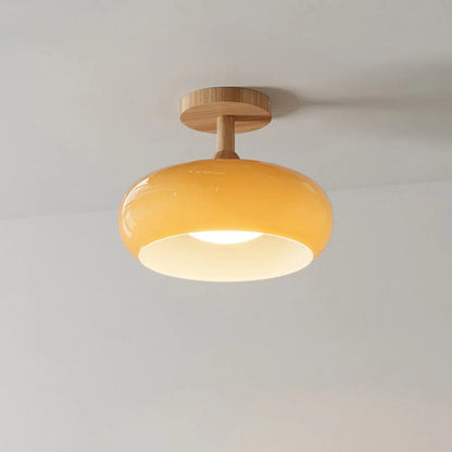 Deckenleuchte aus Holz und Glas | Kuppelförmige Deckenlampe mit weißem oder orangem Glas | Ø 22,9 oder 27,9 cm