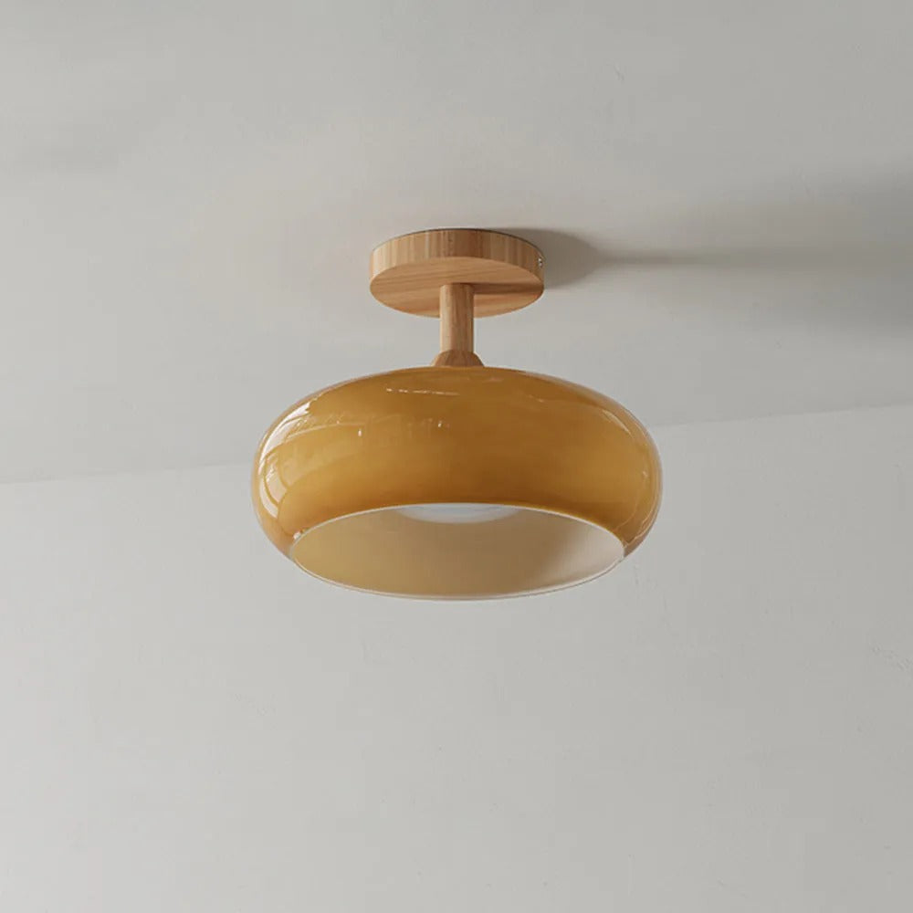 Deckenleuchte aus Holz und Glas | Kuppelförmige Deckenlampe mit weißem oder orangem Glas | Ø 22,9 oder 27,9 cm