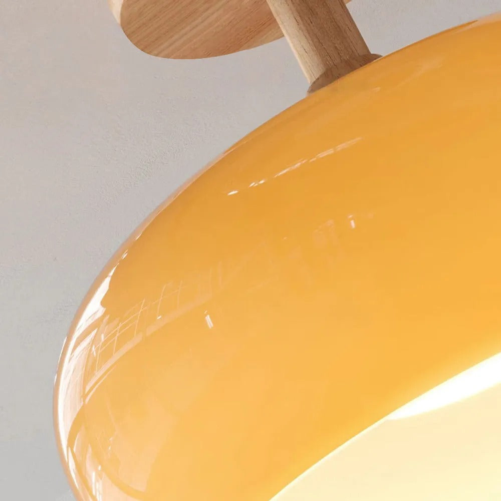 Deckenleuchte aus Holz und Glas | Kuppelförmige Deckenlampe mit weißem oder orangem Glas | Ø 22,9 oder 27,9 cm