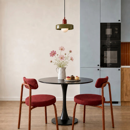 Beige pendellampa med grön glasskärm i glas och metall, 35 cm