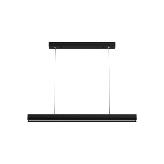 Linjär LED-pendellampa i svart aluminium med detaljer i valnötsträ över matbord