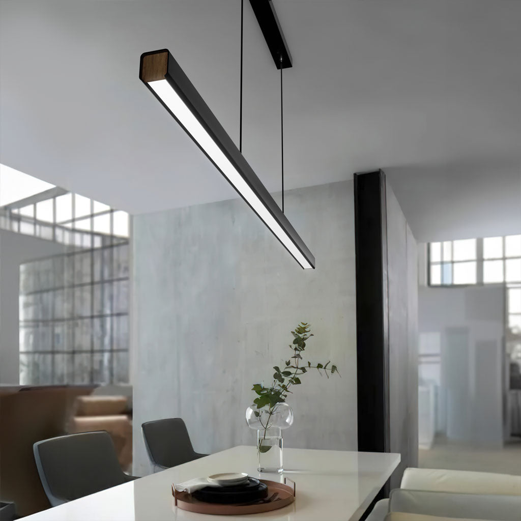 Lineare LED-Pendelleuchte aus Aluminium & Walnuss | Stufenlos dimmbar | Höhenverstellbar | Küche & Esstisch