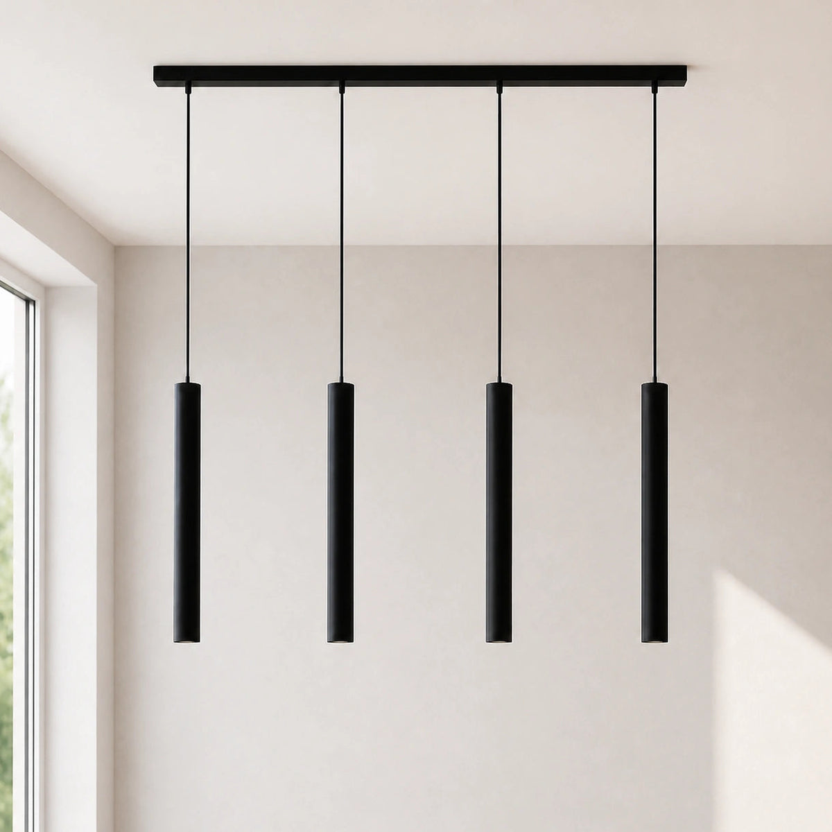 Närbild på pendellampans slanka aluminiumrör med LED-ljus