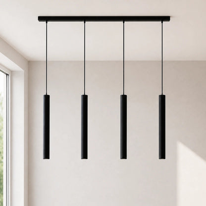 Närbild på pendellampans slanka aluminiumrör med LED-ljus