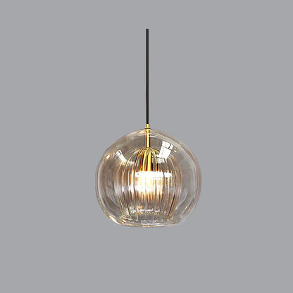Pendellampa Glaskula | Räfflat Glas i Klart eller Bärnsten | Varmvit LED | Ø 15–24,9 cm